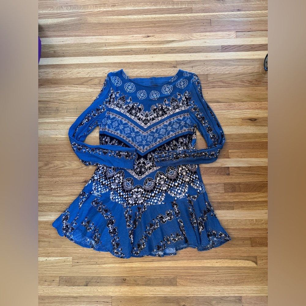 Free People Blue Patterned Dress w/ cutout back